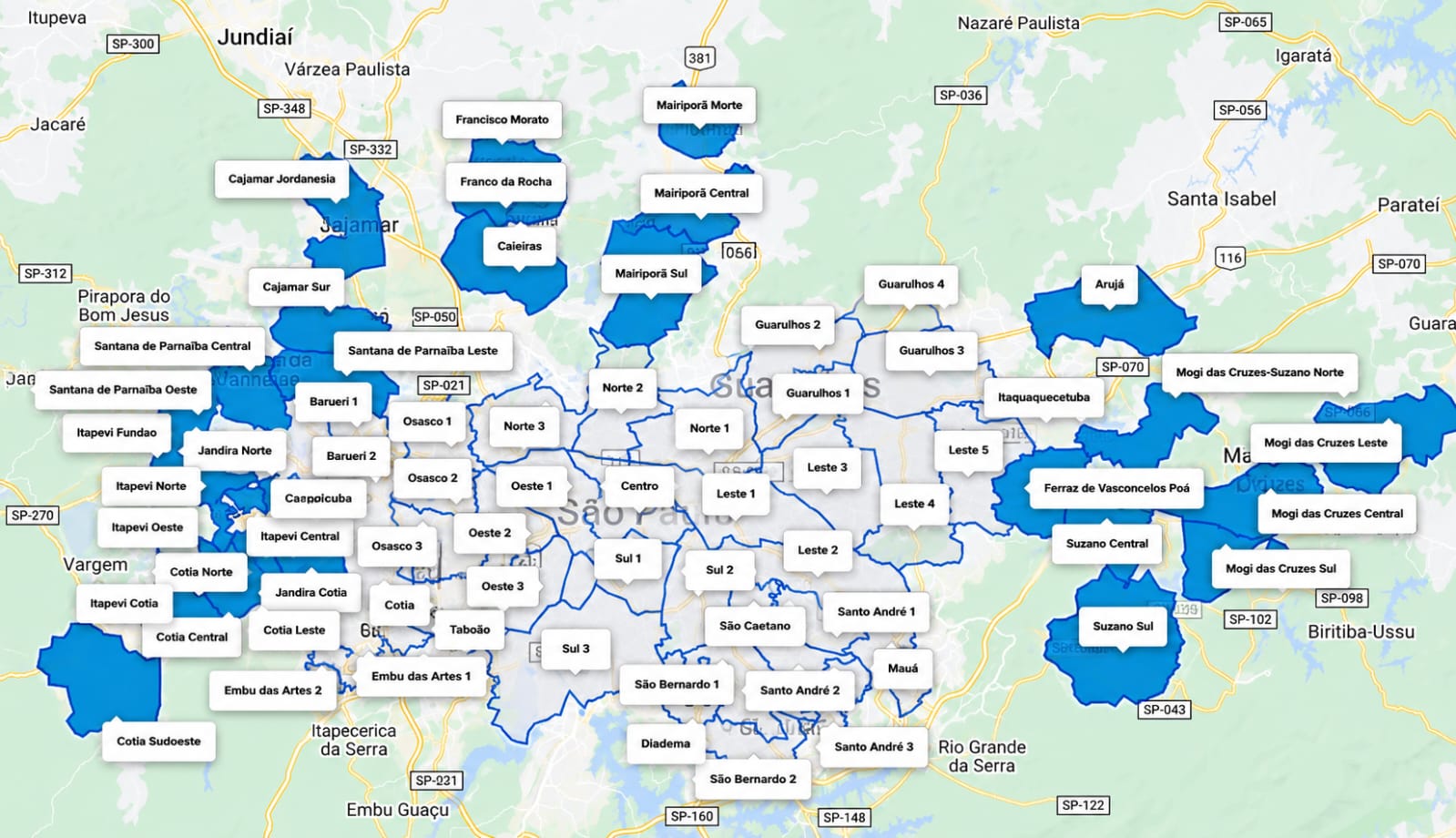 Mapa de cobertura Dia d' Logística — São Paulo e Grande SP